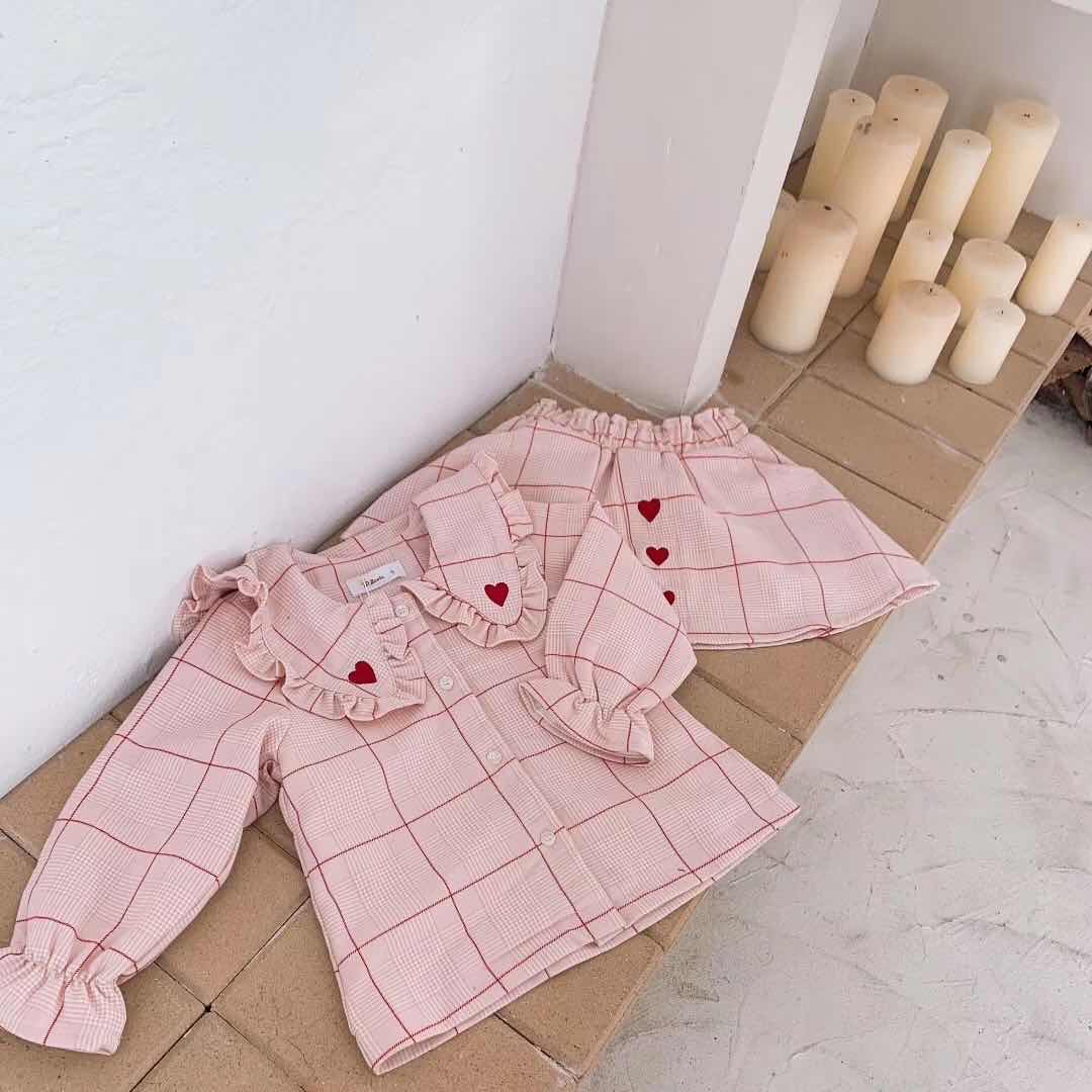 Baby Girl Heart Embroidery Checkered Two-Piece Set