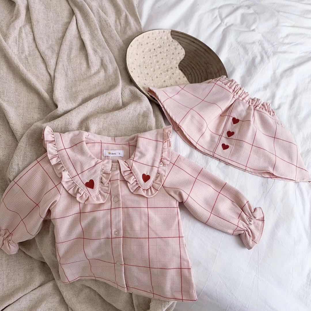 Baby Girl Heart Embroidery Checkered Two-Piece Set