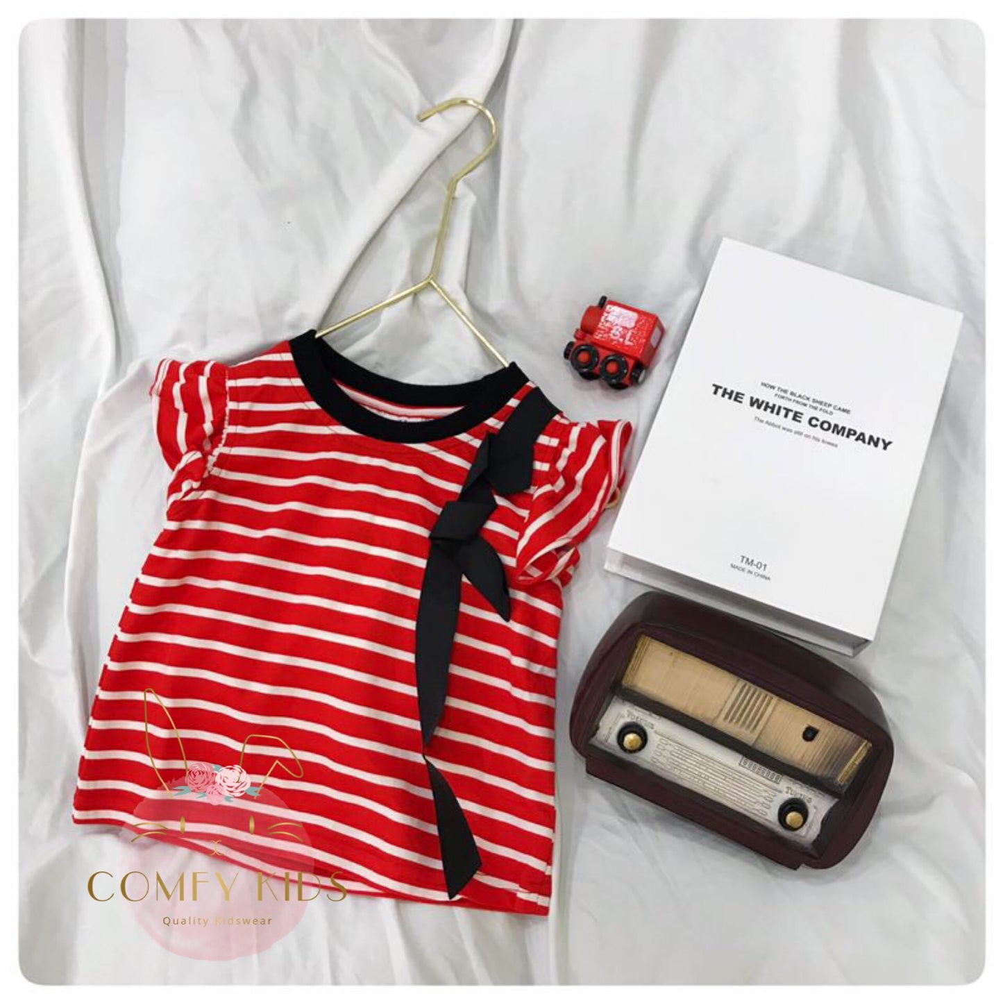 Baby Girl +Red Striped Top with Black Bow Detail