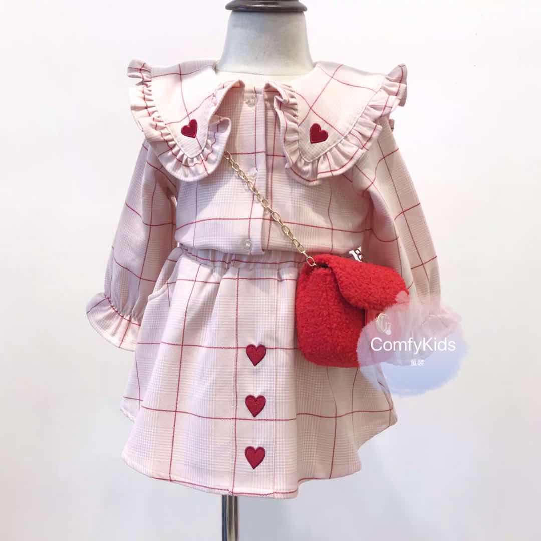Baby Girl Heart Embroidery Checkered Two-Piece Set