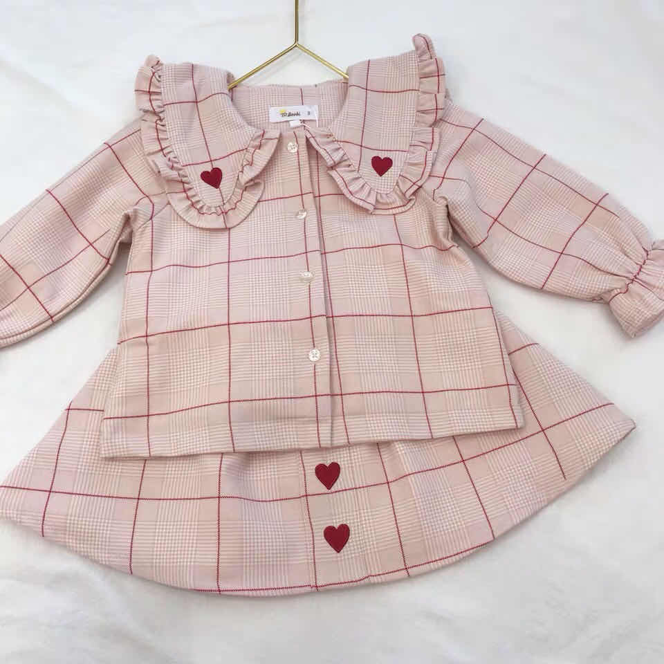 Baby Girl Heart Embroidery Checkered Two-Piece Set