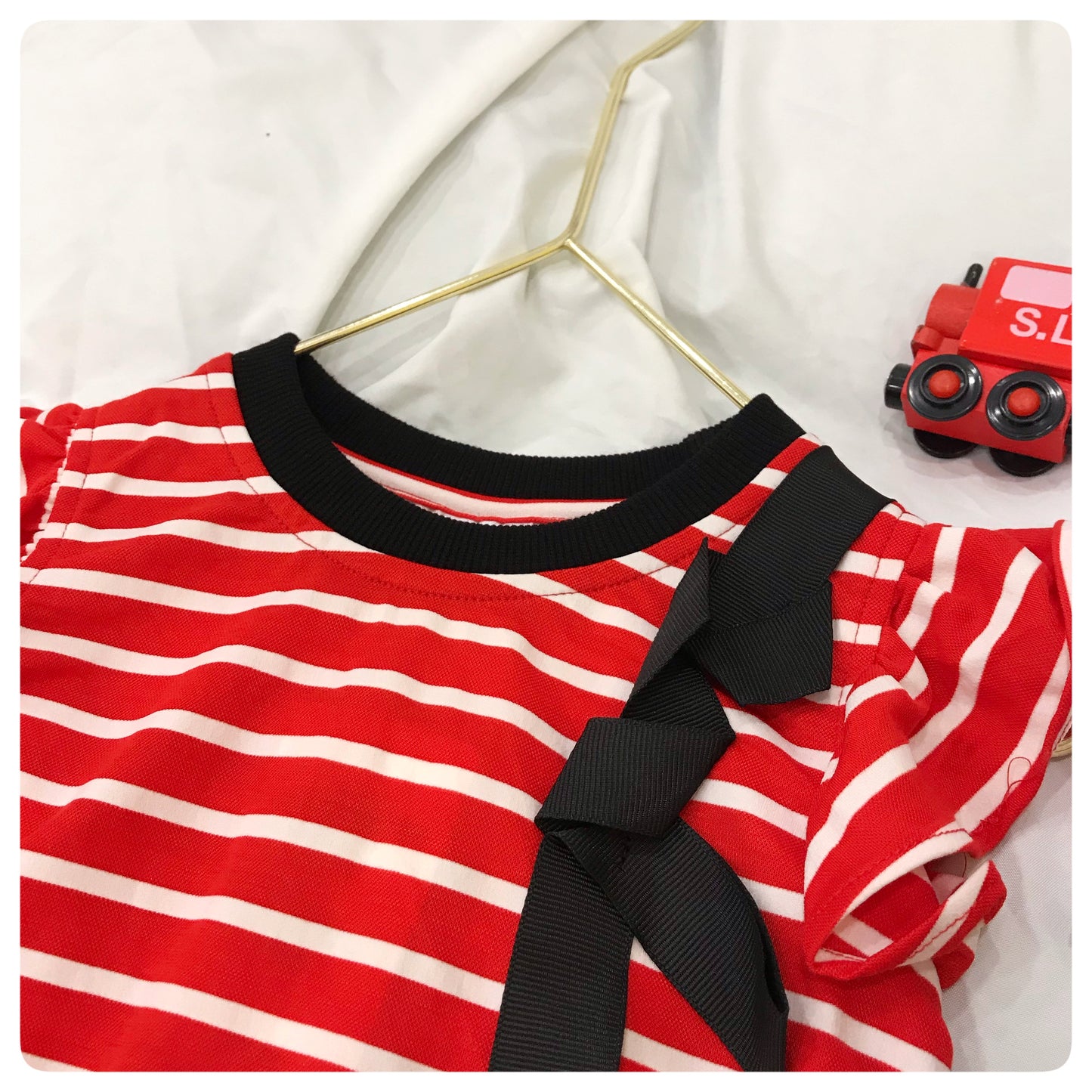 Baby Girl +Red Striped Top with Black Bow Detail